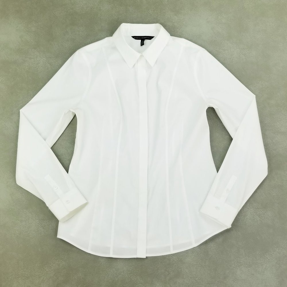 White House Black Market Size 10 Women's White Hidden Button Long Sleeve Shirt